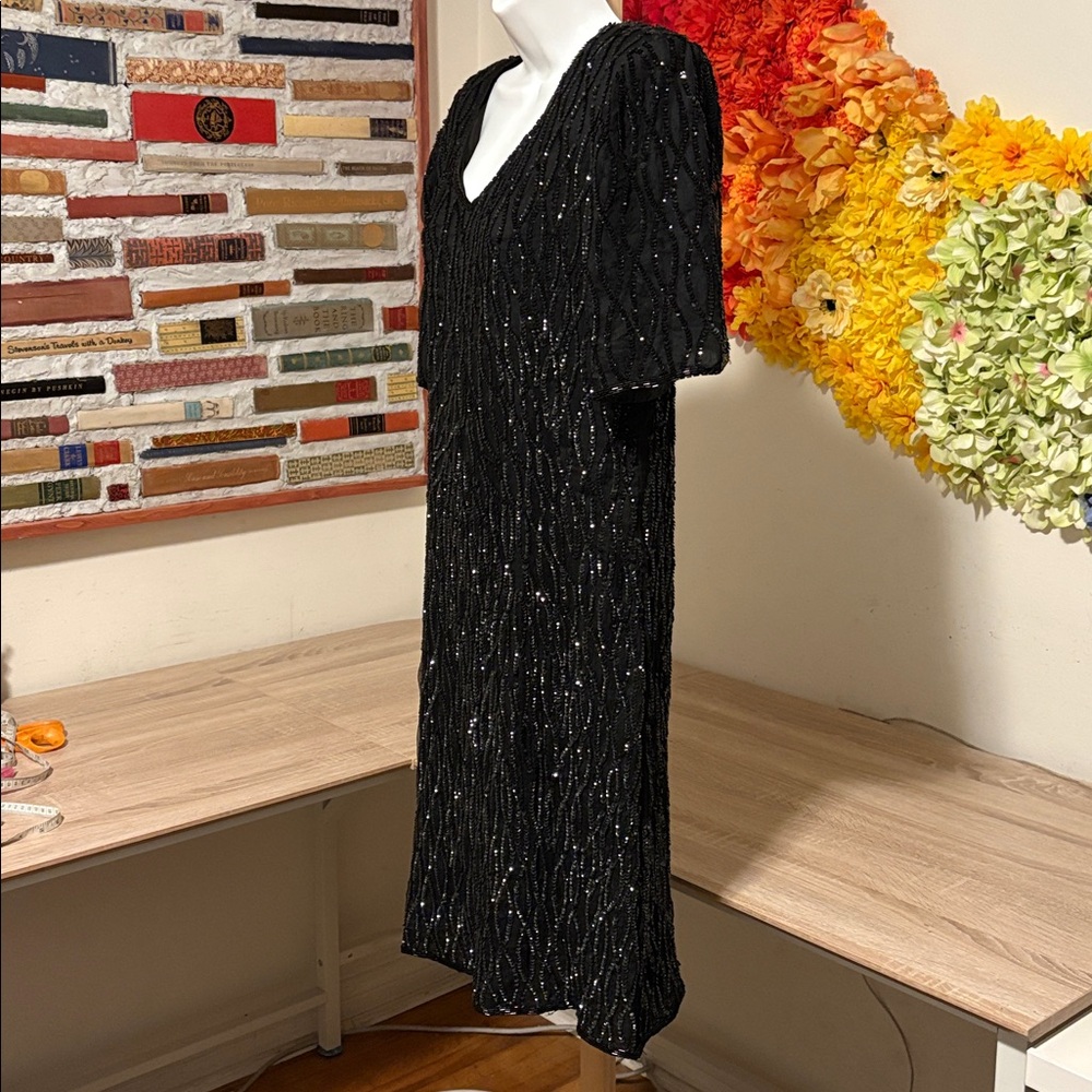 Vintage 90’s Mark & John By Gopal Sequin Dress Black Beaded Open Back Cutout - Picture 5 of 16